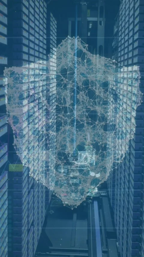 Animation of shield and data processing over computer servers Stock Footage 344706392