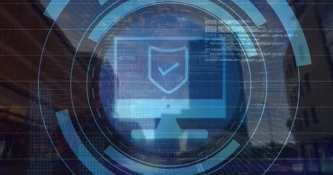 Animation of shield, desktop icon, binary codes, computer language over modern Video stock 250952301