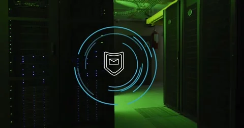 Animation of shield with envelope icon and circles over server room Stock Footage 330776398
