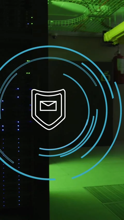 Animation of shield with envelope icon and circles over server room Stock Footage 343868164