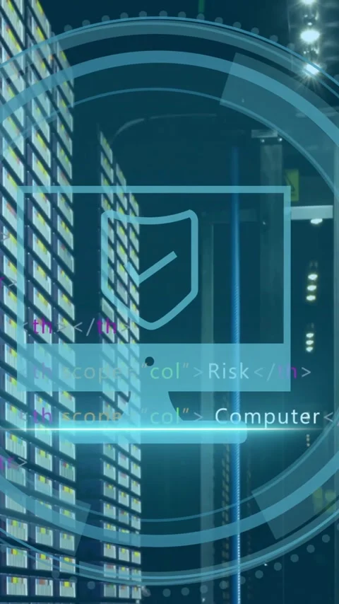 Animation of shield icon and data processing over computer servers Stock Footage 341991850