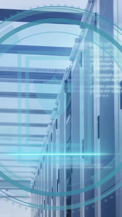 Animation of shield icon and digital data processing over computer servers Stock Footage 342010545