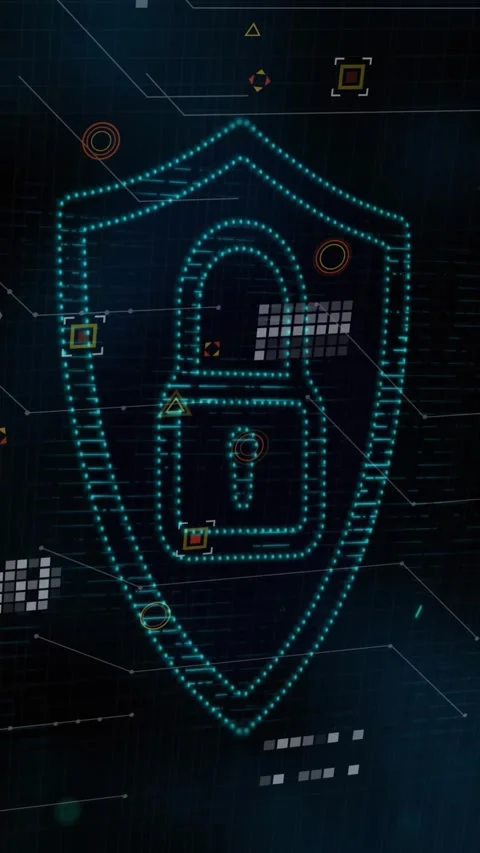 Animation of shield with padlock icon and data processing on black background Stock Footage 344774720