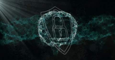 Animation of shield with padlock icon over digital brain on black background Stock Footage 310867834