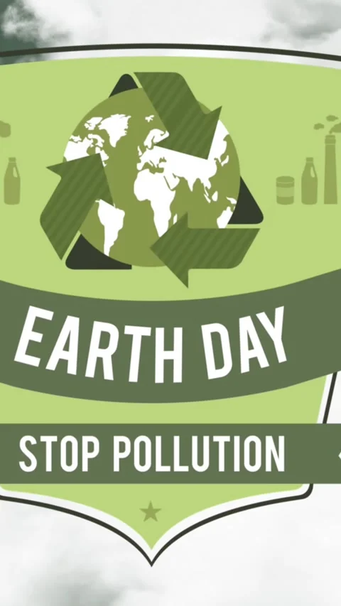 Animation of shield with recycling and earth day on cloudy sky Stock Footage 342136776