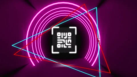 Animation of shine text, qr code and glowing neon triangles with circles moving Stock Footage 310304177