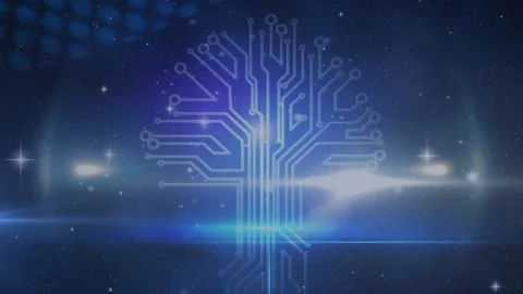 Animation of shining stars over microprocessor connections and light spot on Vídeo Stock 328934314