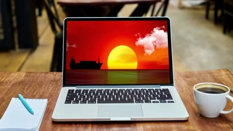 Animation of a ship sailing on a laptop screen. Symbolizes shipping, internat 스톡 동영상 200844362