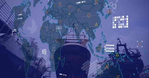 Animation of ship world map with connections and data processing Stock Footage 329409049
