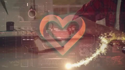 Animation of shooting star over heart icon against mid section of man using Stock Footage 328651564