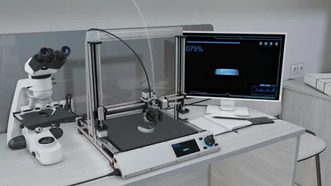 Animation showcases a 3D printer at work, creating a jaw with teeth. 3d render Stock Footage 287438126