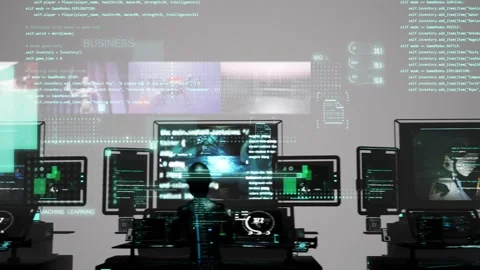 Animation showcases a futuristic setup with humanoid robot figures working Stock Footage 308586111