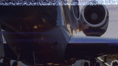 Animation showing airplane engine and fuselage with digital glitch effect Video stock 304644323