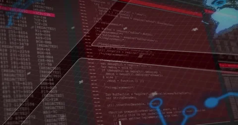 Animation showing computer code and digital interface with red and blue graphics Stock Footage 305729125