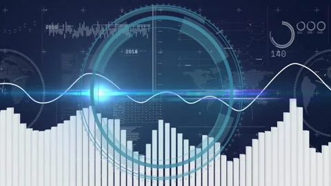 Animation showing data visualization with bar graphs and waveforms on world map Stock Footage 306170649