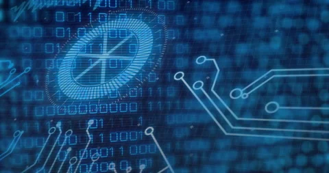Animation showing digital circuit patterns and binary code for futuristic Stock Footage 305731331