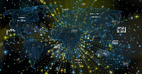 Animation showing digital world map with glowing data points and network Stock Footage 304761653