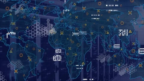 Animation showing digital world map with data points and network connections Stock Footage 330169385