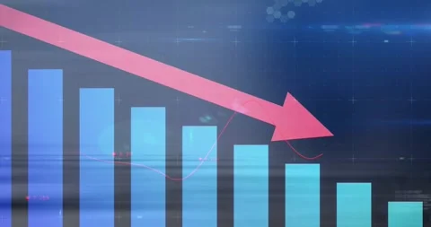 Animation showing downward red arrow over bar graph indicating financial decline Stock-Footage 326427331