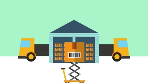 Animation showing efficient warehouse logistics with cargo trucks loading a.. Vídeo Stock 339081295