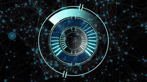 Animation showing futuristic digital interface with rotating elements in blue Stock Footage 303840720