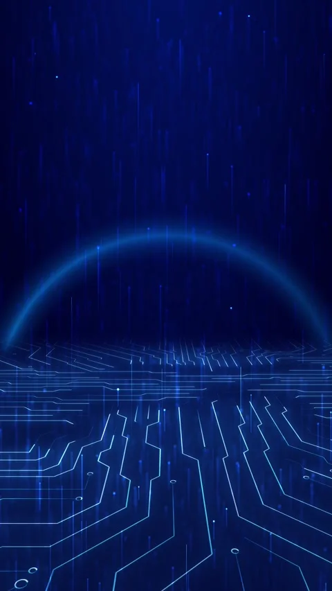 Animation showing glowing circuit lines forming digital terrain falling light Stock Footage 333793131