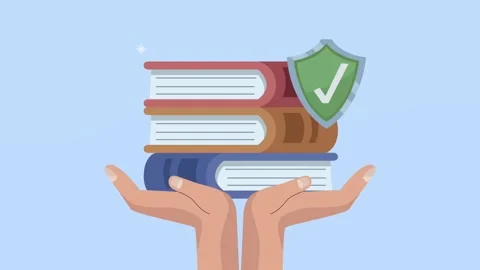 Animation showing human hands holding stack of books with shield symbol rep.. 库存影片 339256800