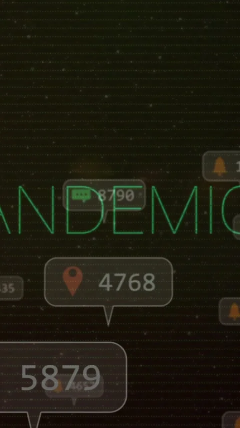 Animation showing pandemic data notifications with location icons on dark Stock Footage 344370372