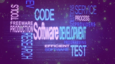 Animation showing software development keywords floating over purple background Stock Footage 303528649