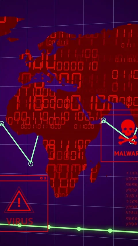 Animation showing virus and malware alerts on world map with fluctuating data Stock Footage 319618321