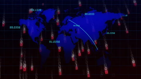 Animation showing world map with binary code and data points for connectivity Stock Footage 304011635