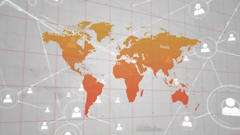 Animation showing world map with digital connections and user icons on Stock Footage 303563346