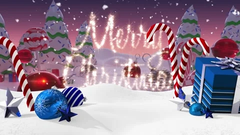This animation shows a blue gift box, candy canes, and bauble decorations Stock Footage 327277354