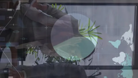 Animation shows data processing and business discussions with tech interface. Stock Footage 313338894