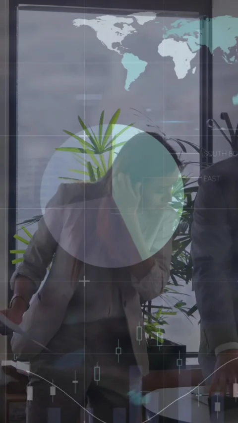 Animation shows data processing and business discussions with tech interface. Stock Footage 320921993