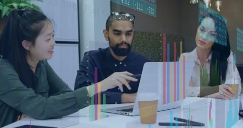 Animation shows data processing and discussion over laptop in office setting. Stock Footage 329368899