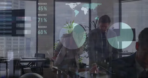 Animation shows data processing and business discussions with tech interface. Stock Footage 330248477