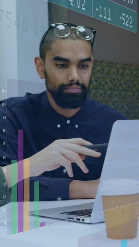 Animation shows data processing and discussion over laptop in office setting. Stock Footage 344693834