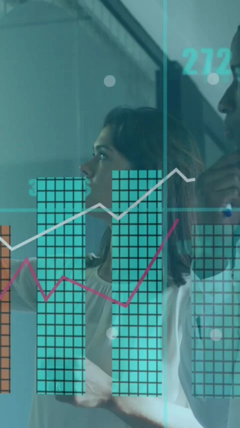 Animation shows data processing and office discussion on business tech. Stock Footage 344775288