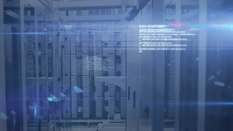 Animation shows data processing over many servers, highlighting global tech Stock Footage 327848673