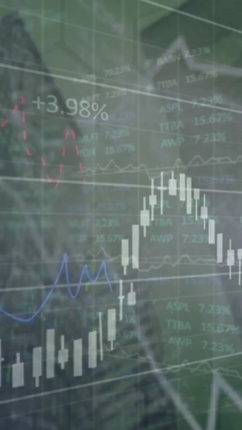 This animation shows financial data being processed over a stock market 動画素材 343779350