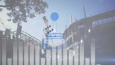 Animation shows financial data processing in a digital global business context. Vidéo 329362044