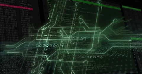 Animation shows how programming and interface tech process data on circuit Video stock 327958019