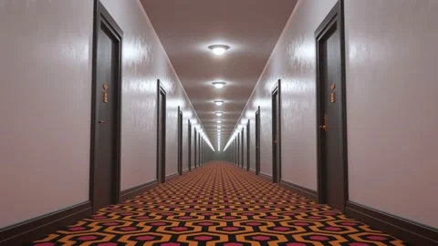An animation shows a long corridor with a carpet covered in a geometric shape 4k Vidéo 201239519