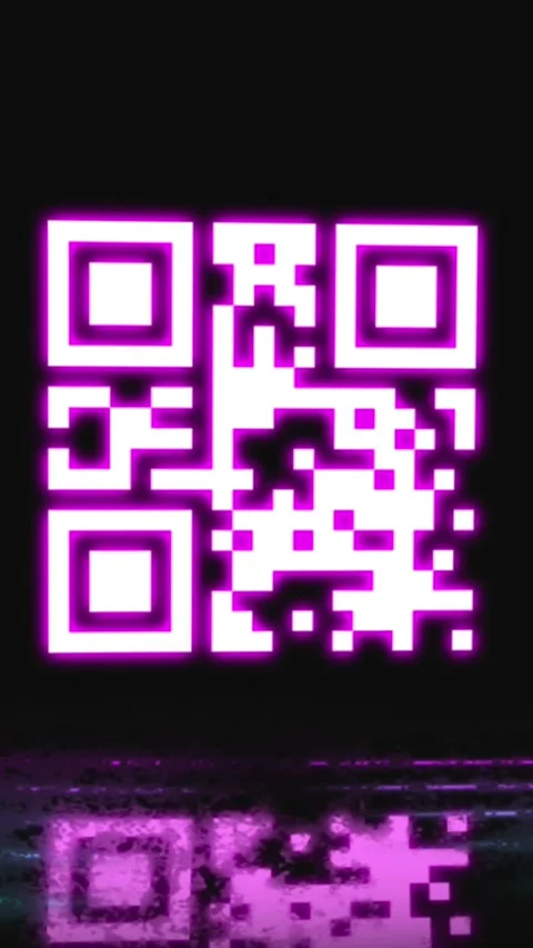 This animation shows a pink qr code flickering with pink and blue neon lines on Stock Footage 319371721