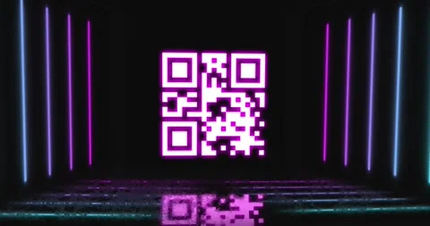 This animation shows a pink qr code flickering with pink and blue neon lines on Stock Footage 327064420