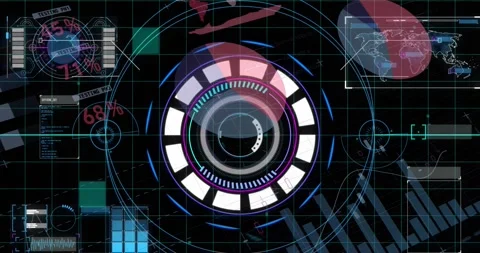 The animation shows a scope scanning, data processing and world map over grid Stock Footage 326628616