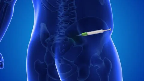 An animation shows stem cells being injected into a human pelvis Stock Illustration