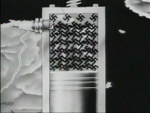 An animation shows swastikas getting crushed in a cylinder as Allied forces Stock-Footage 79459718