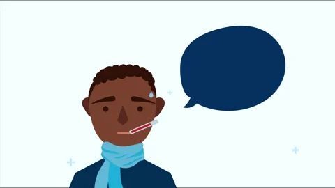 Animation of sick man with high fever and thermometer in mouth during illness Stock Footage 338403673